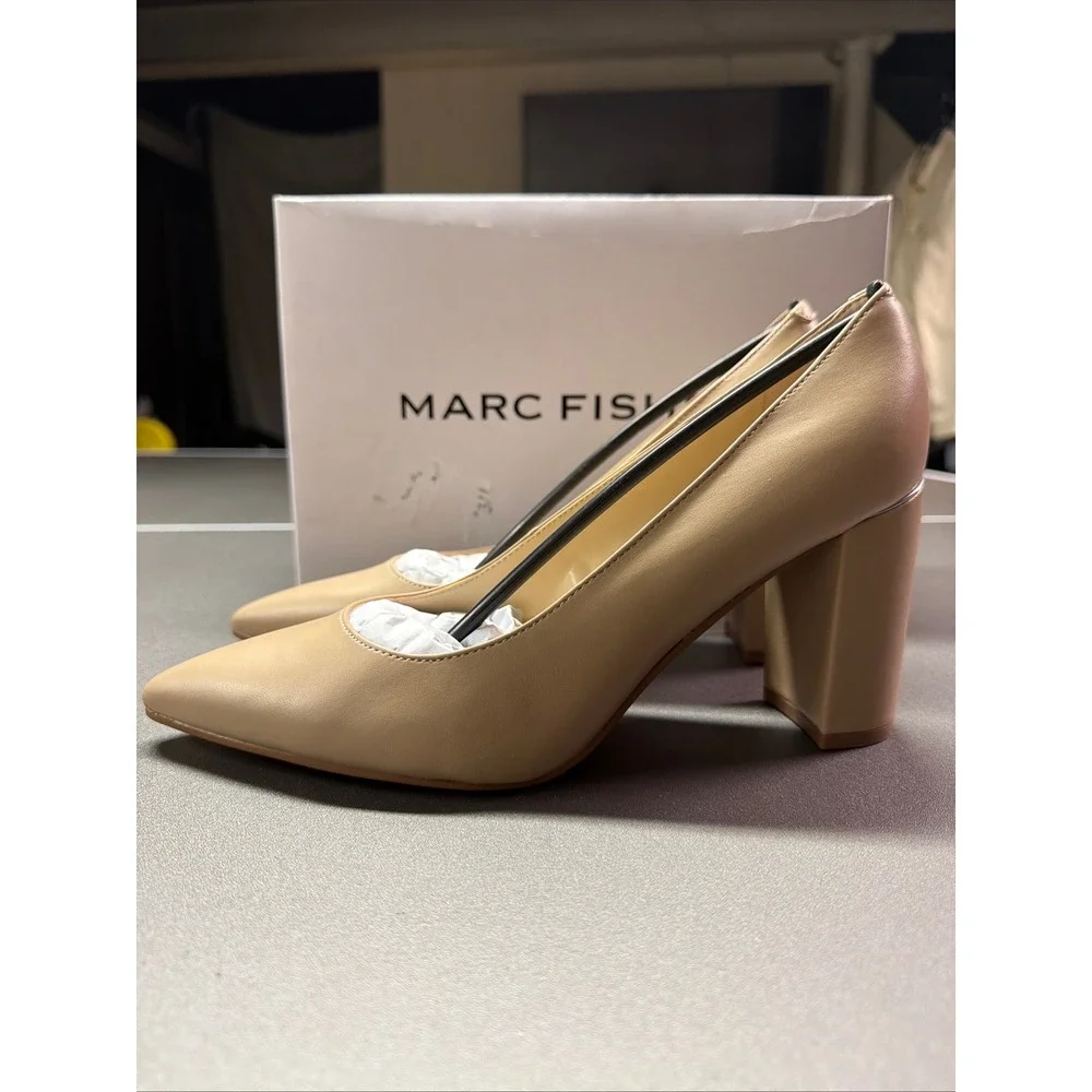Marc Fisher Viviene4 Block Heel Pumps Light Natural Leather Beige 7.5 M NEW